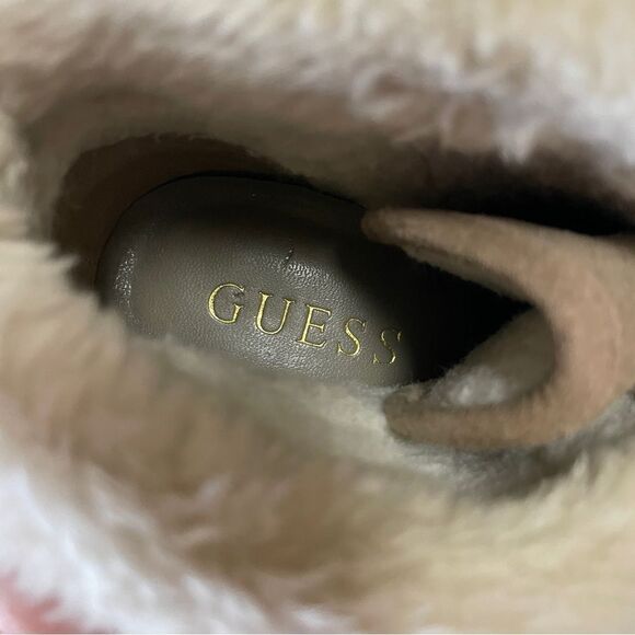 GUESS Wood Heel Platform Stiletto Boots Tan Suede Leather Cream Faux Fur sz 6.5 - Picture 13 of 13